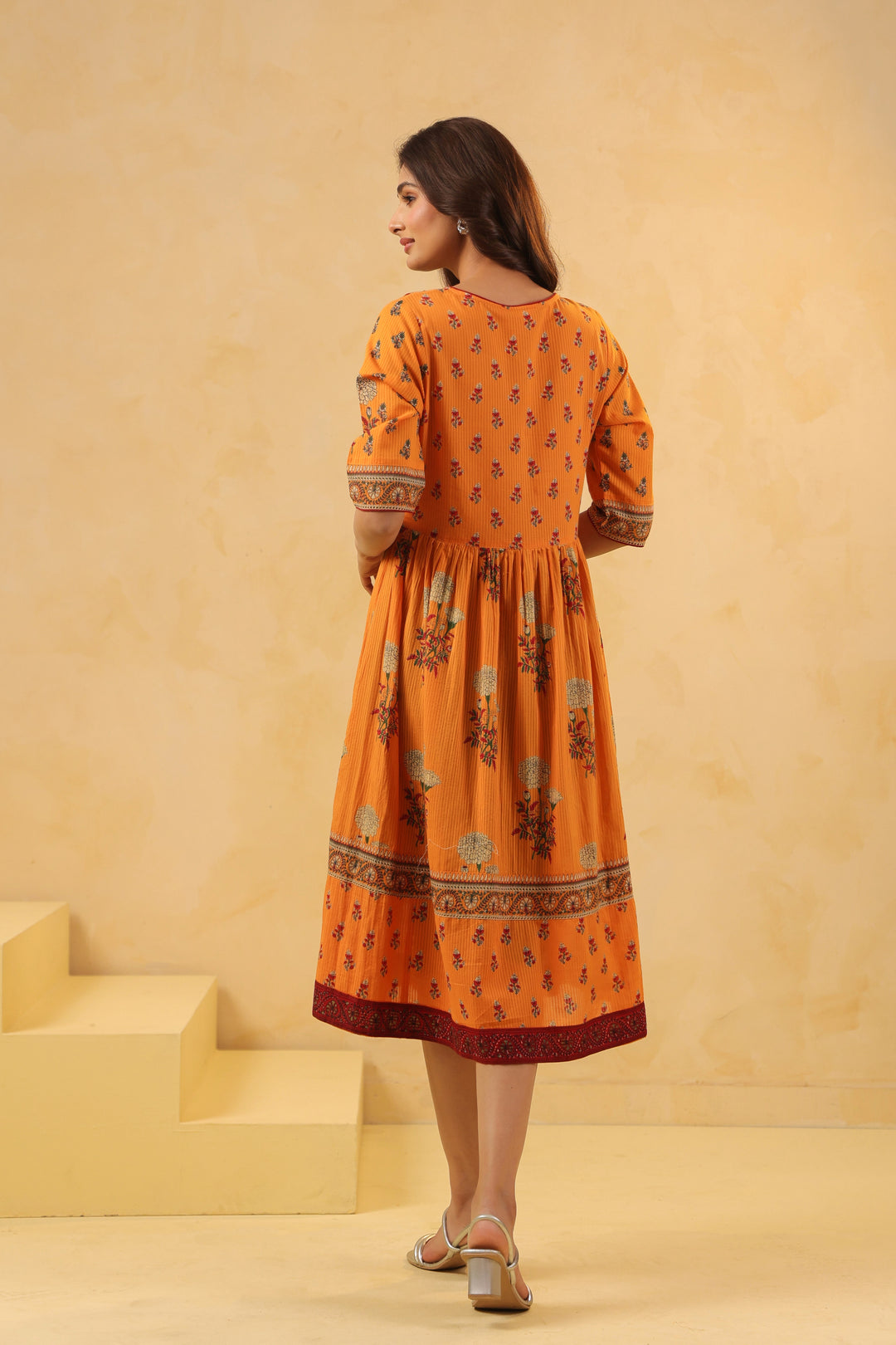 Mustard Cotton Floral Printed Flared Dress