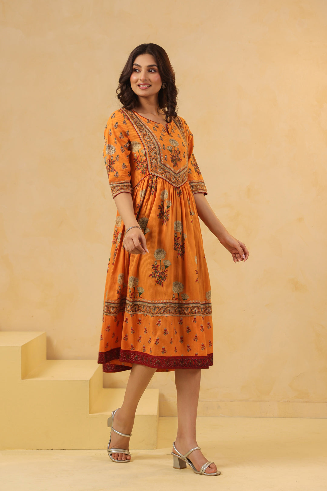 Mustard Cotton Floral Printed Flared Dress