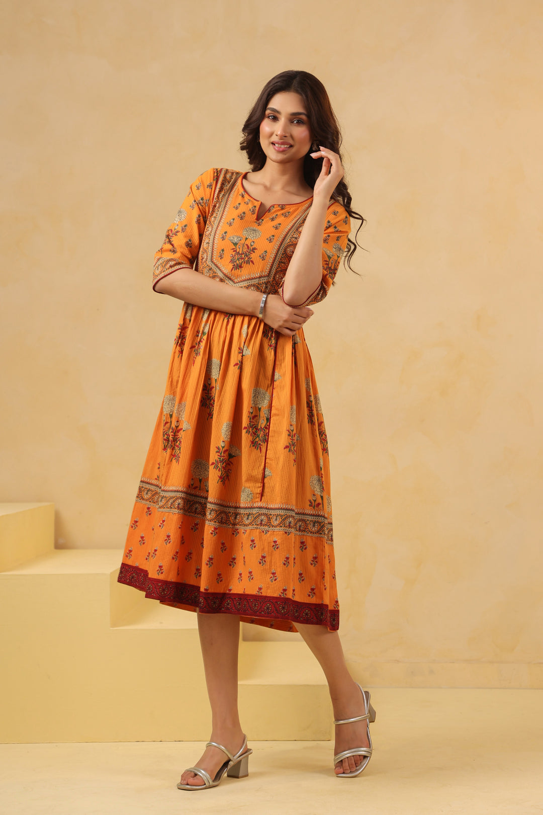 Mustard Cotton Floral Printed Flared Dress