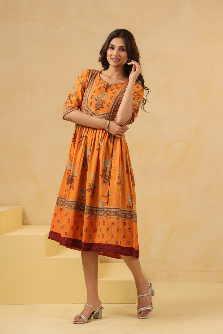 Mustard Cotton Floral Printed Flared Dress
