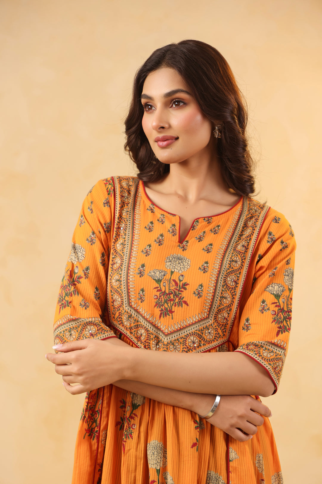 Mustard Cotton Floral Printed Flared Dress