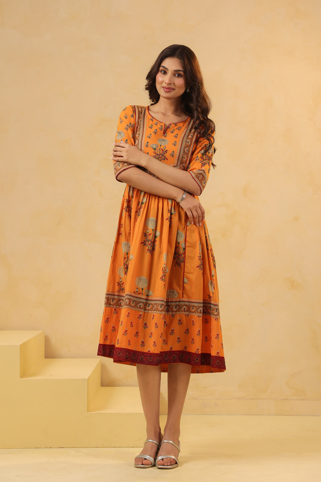 Mustard Cotton Floral Printed Flared Dress