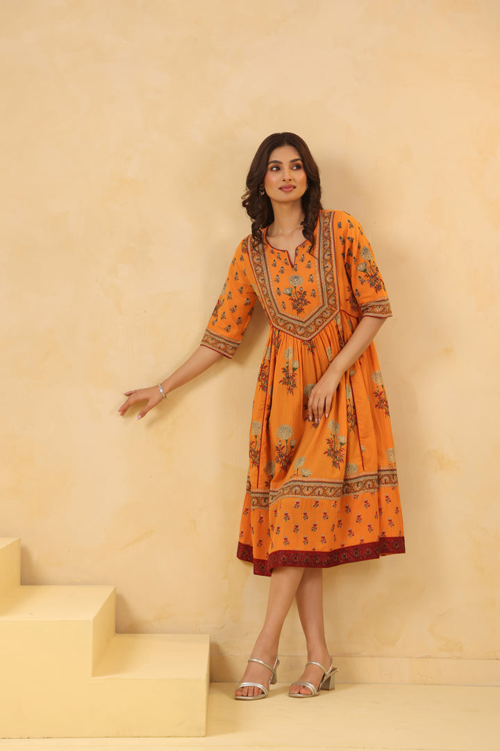 Mustard Cotton Floral Printed Flared Dress