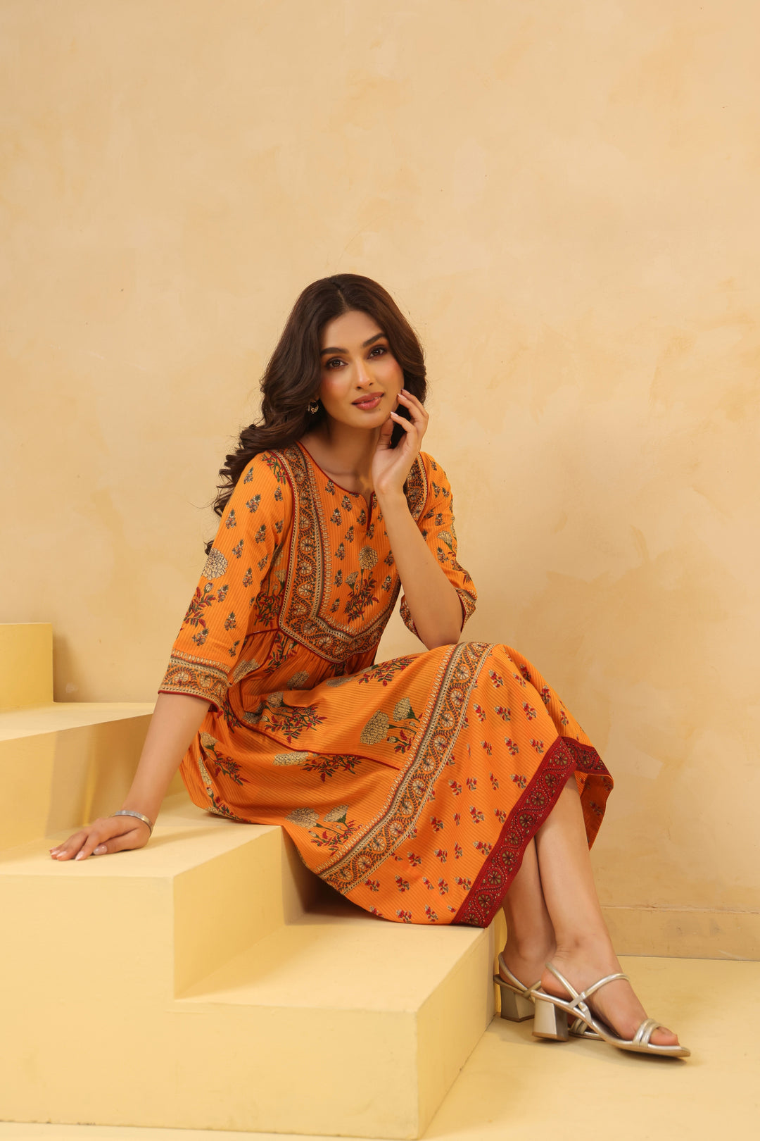 Mustard Cotton Floral Printed Flared Dress