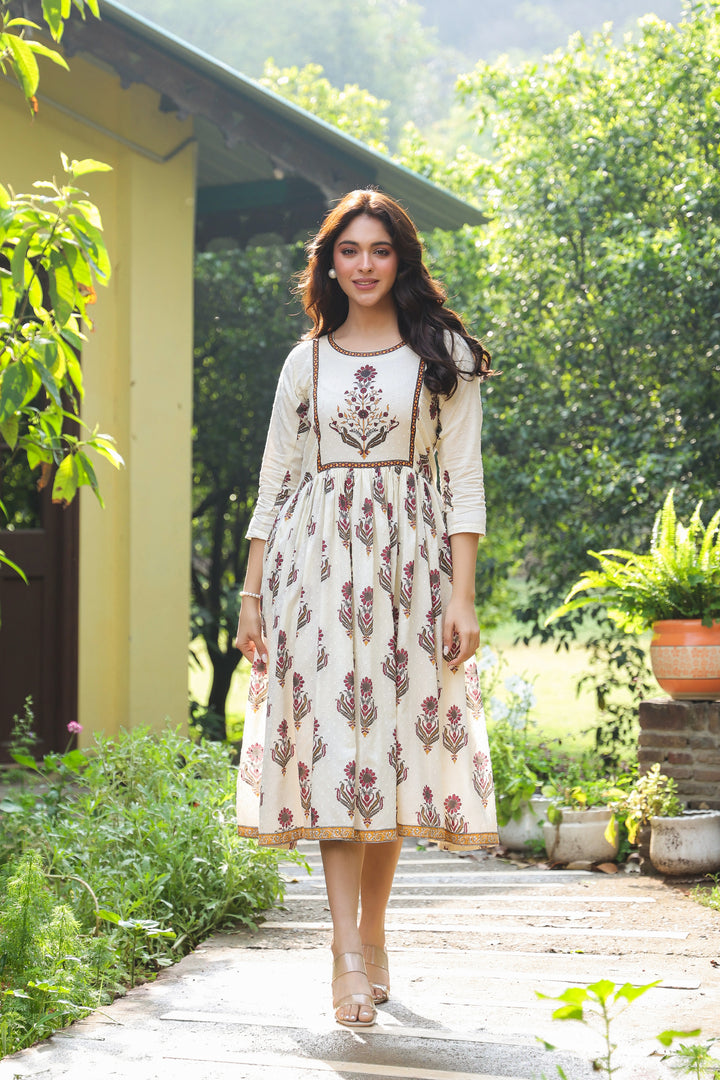 Off White Cotton Printed Designer Dress