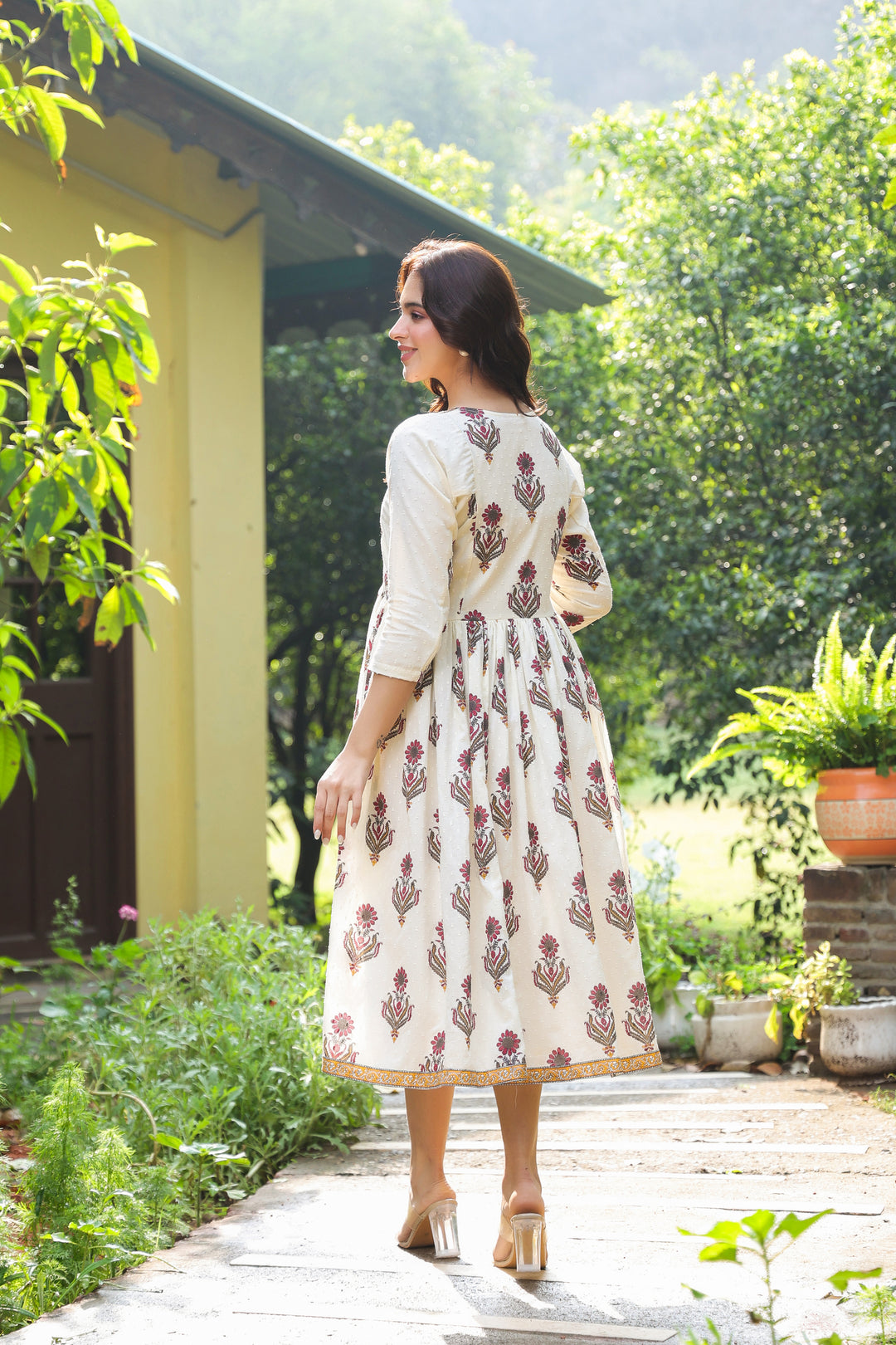 Off White Cotton Printed Designer Dress