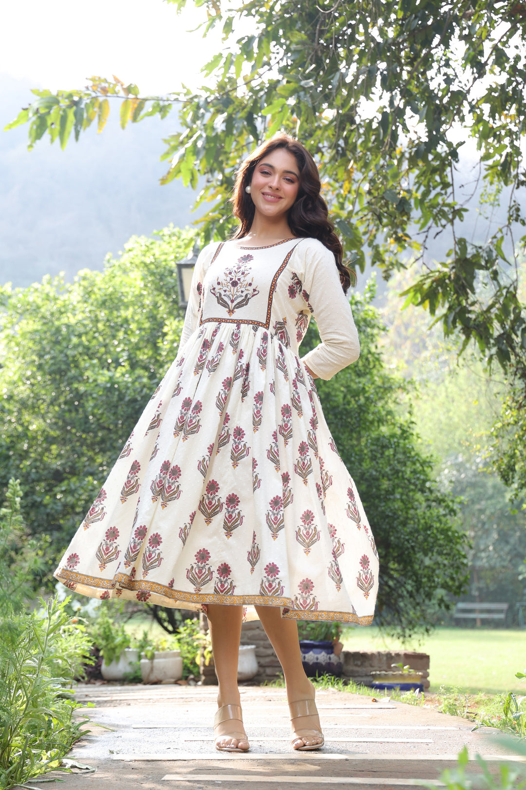 Off White Cotton Printed Designer Dress