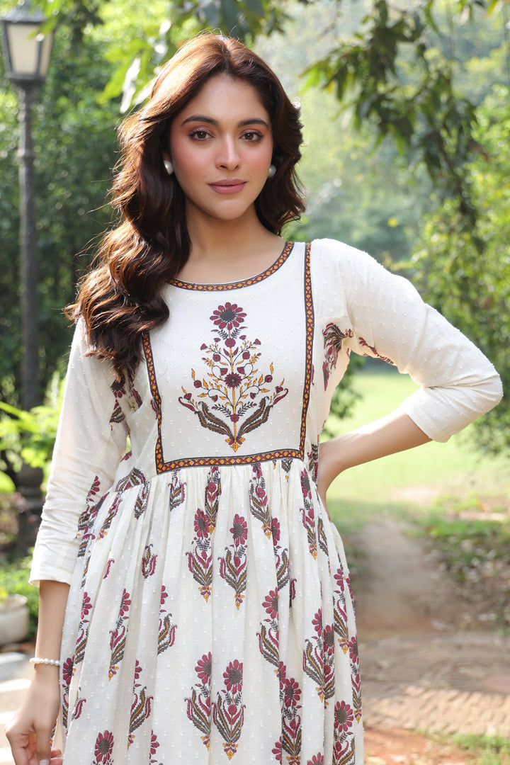 Off White Cotton Printed Designer Dress