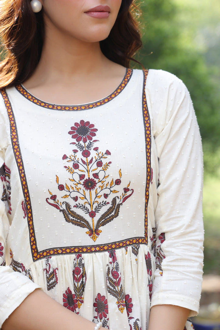 Off White Cotton Printed Designer Dress