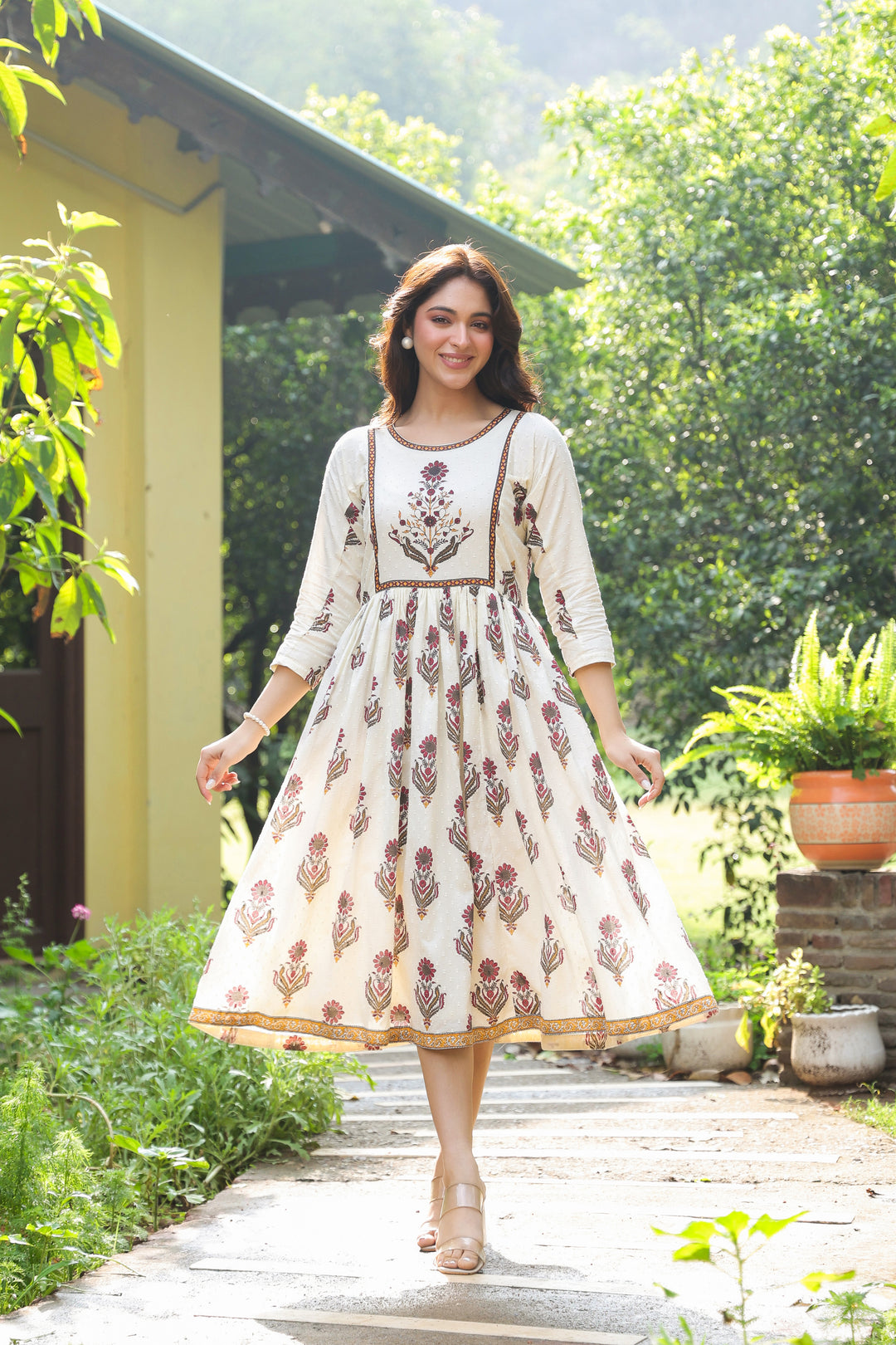 Off White Cotton Printed Designer Dress