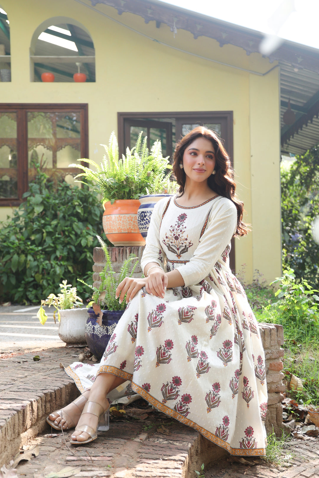 Off White Cotton Printed Designer Dress