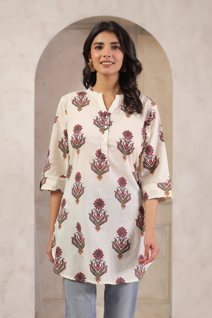 Off White Cotton Printed Straight Top