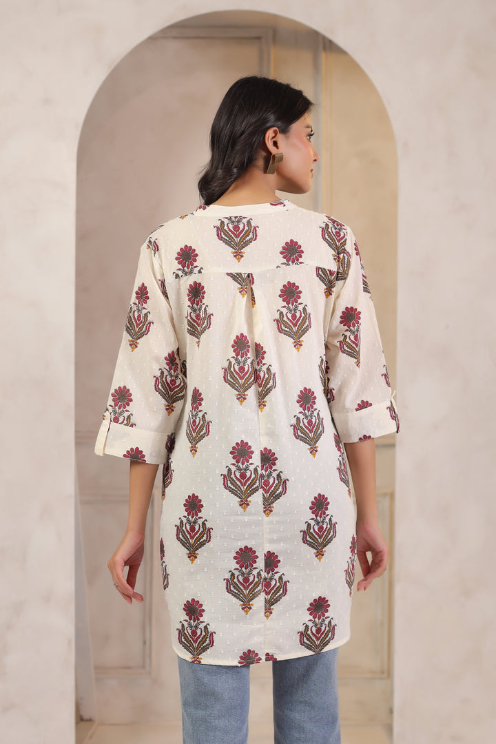 Off White Cotton Printed Straight Top