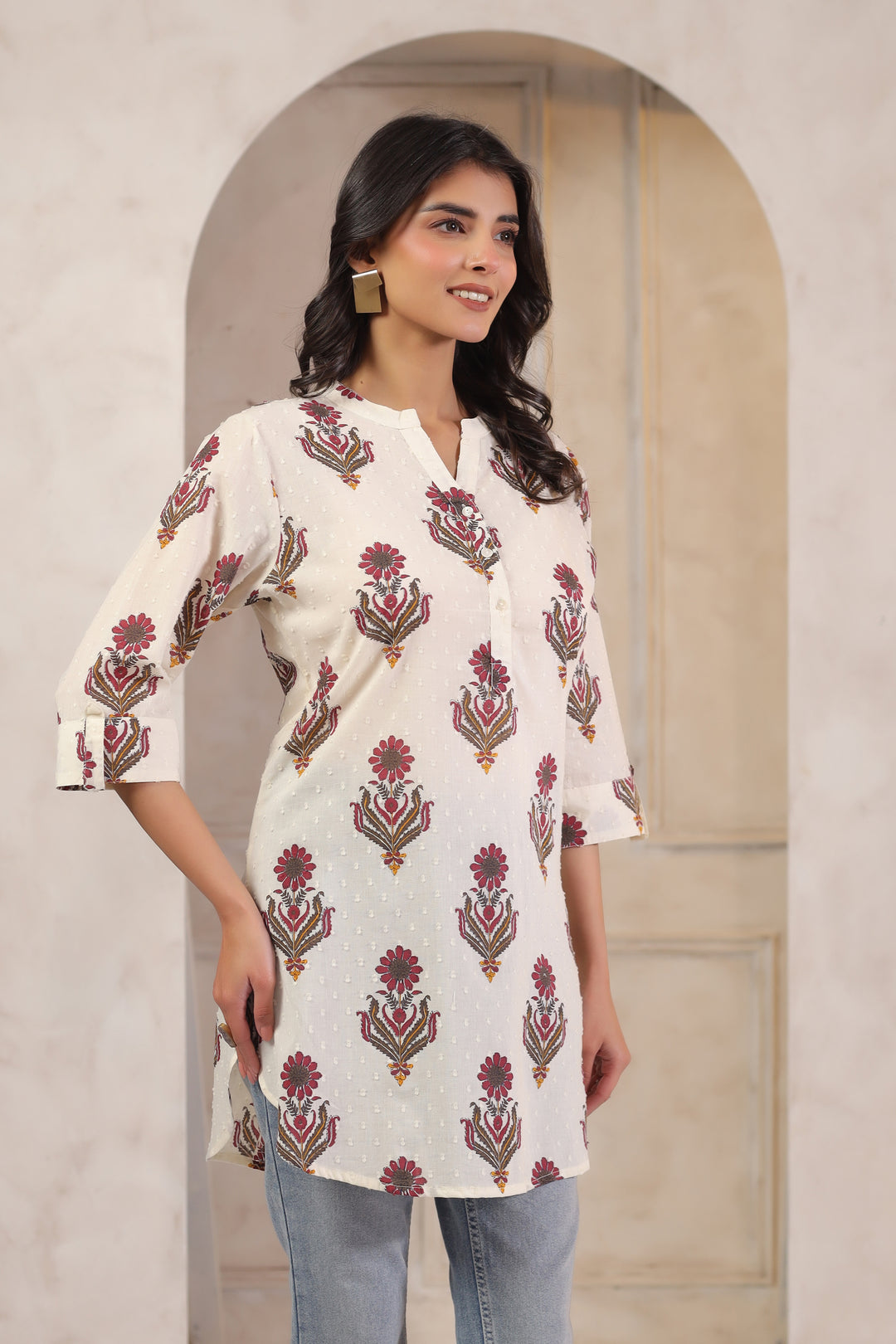 Off White Cotton Printed Straight Top