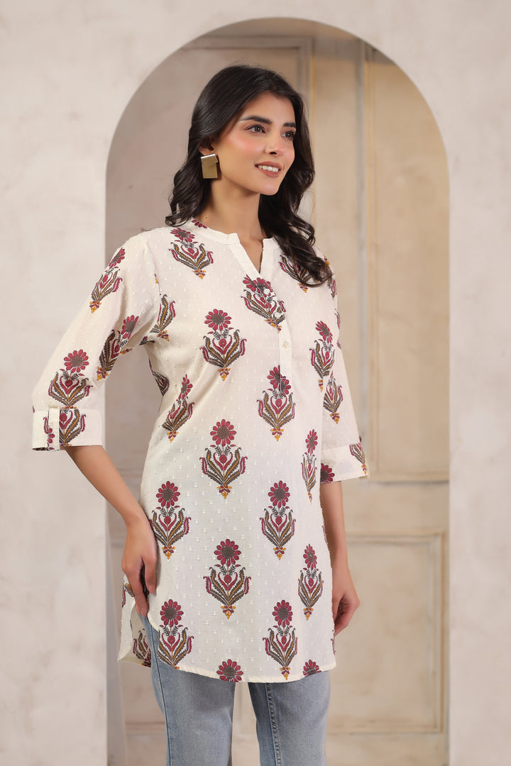 Off White Cotton Printed Straight Top