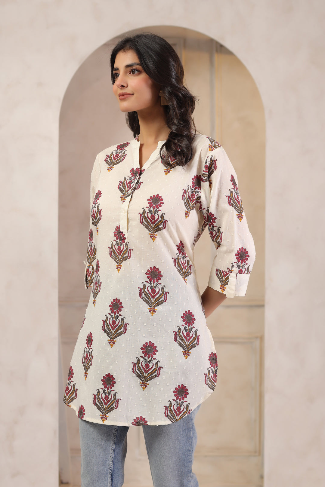 Off White Cotton Printed Straight Top