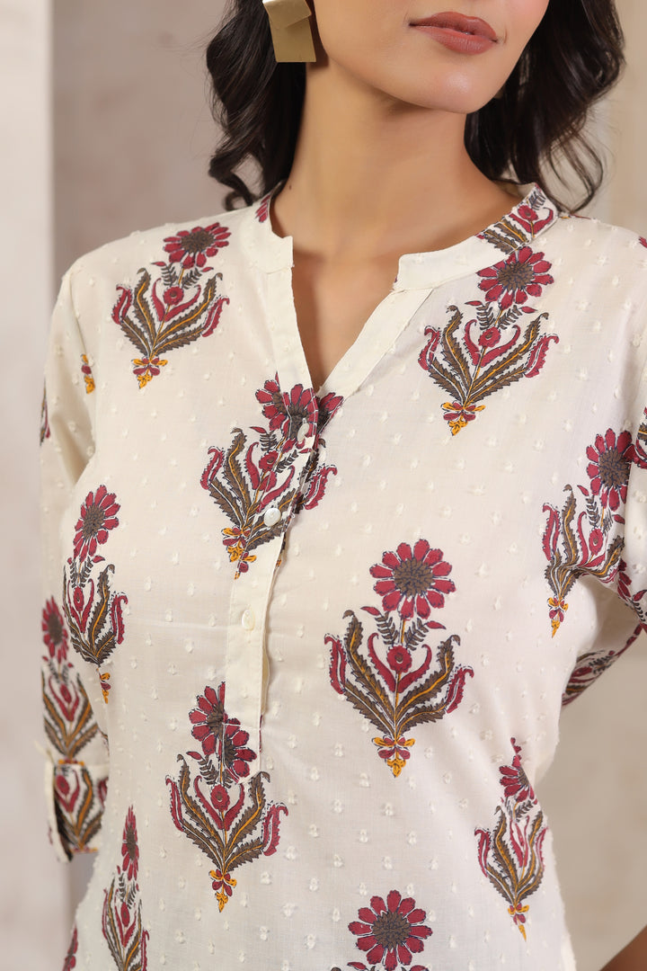 Off White Cotton Printed Straight Top