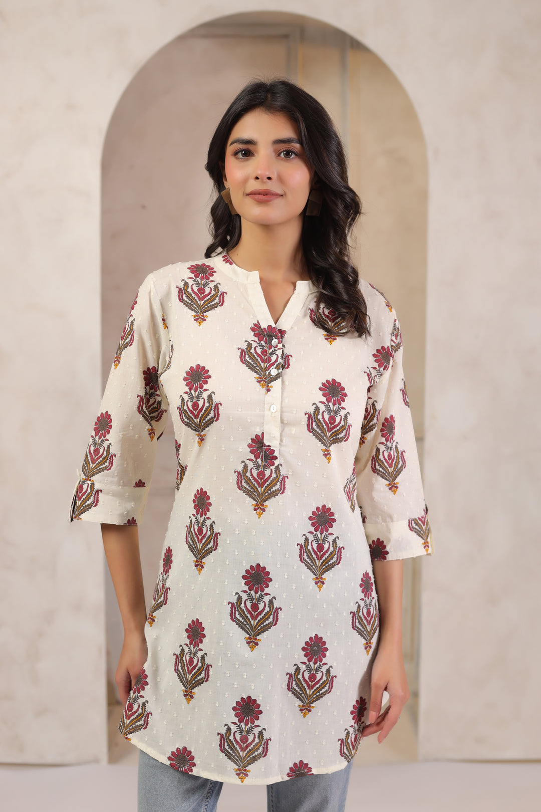 Off White Cotton Printed Straight Top