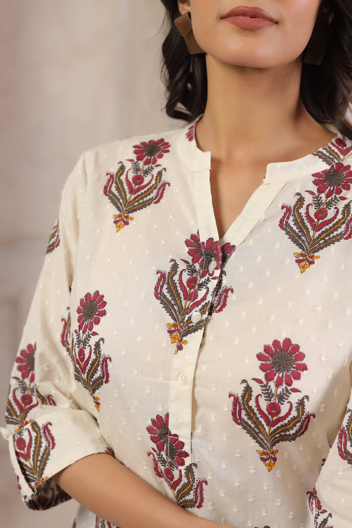 Off White Cotton Printed Straight Top