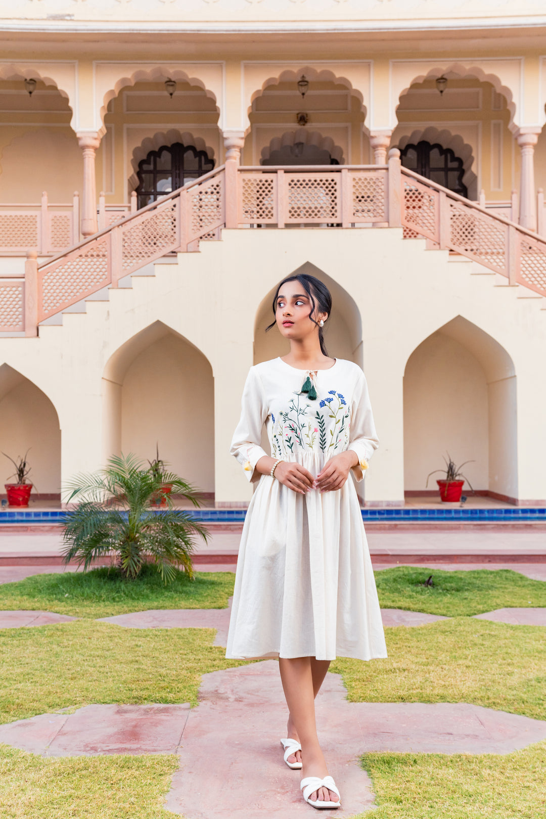 Off White Cotton Embroidered Designer Midi Dress – Savi India