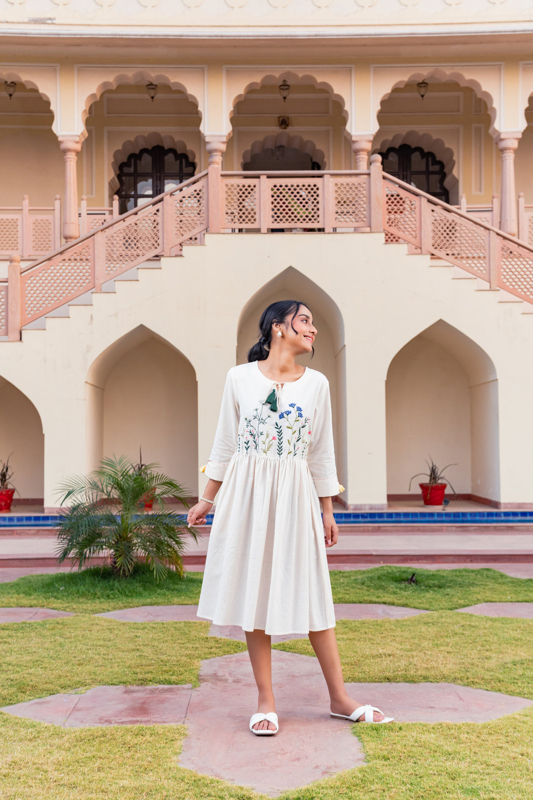 Off White Cotton Embroidered Designer Midi Dress