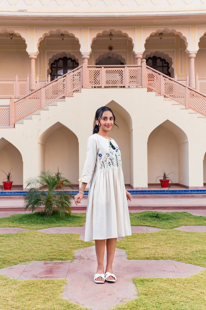 Off White Cotton Embroidered Designer Midi Dress