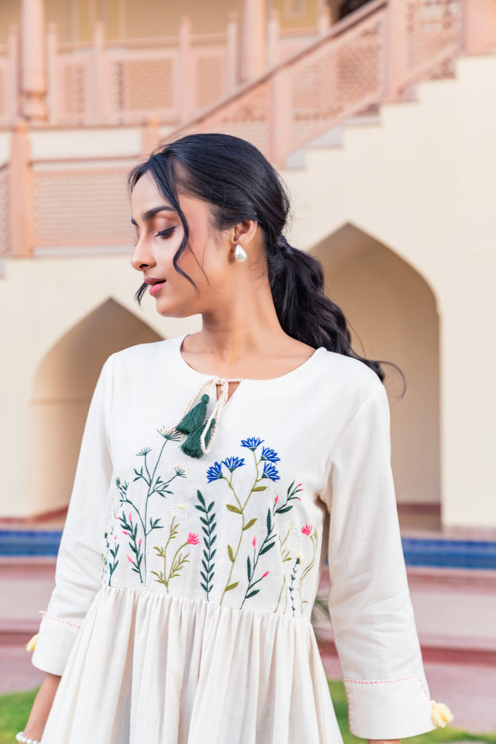 Off White Cotton Embroidered Designer Midi Dress