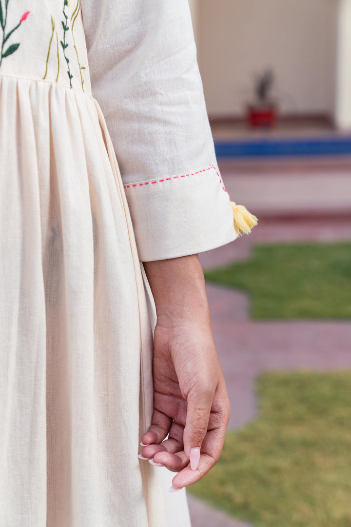 Off White Cotton Embroidered Designer Midi Dress
