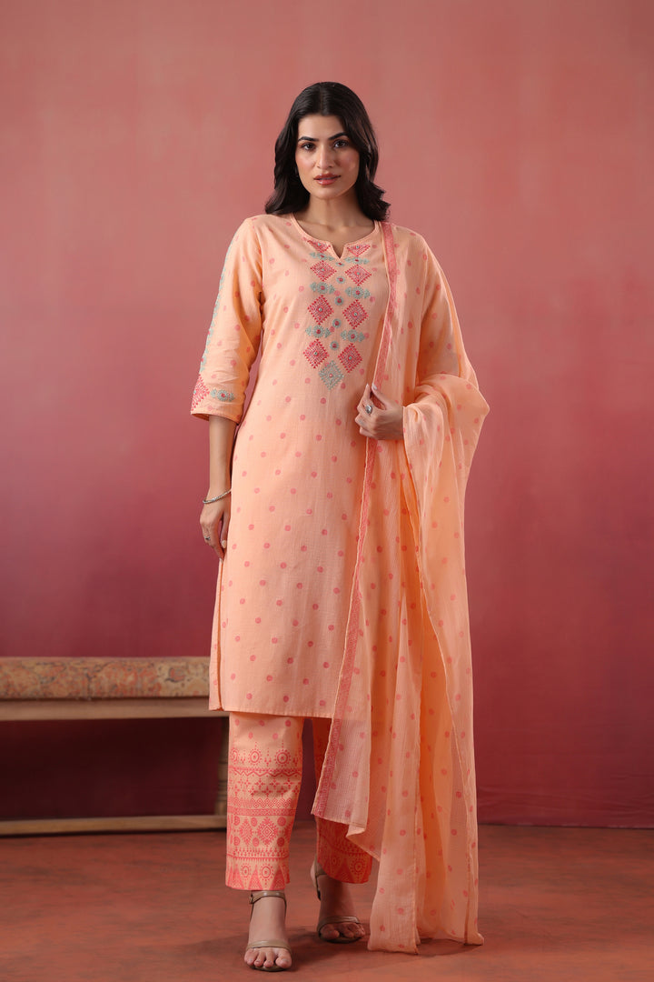 Peach Cotton Embroidered Designer Kurta Pant With Dupatta Set