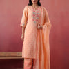 Peach Cotton Embroidered Designer Kurta Pant With Dupatta Set