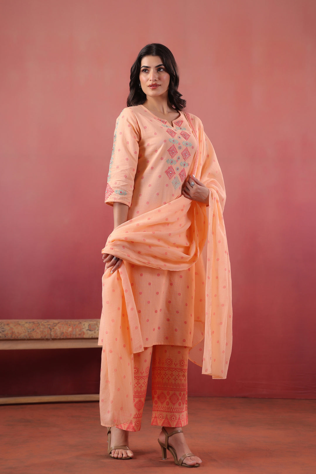 Peach Cotton Embroidered Designer Kurta Pant With Dupatta Set