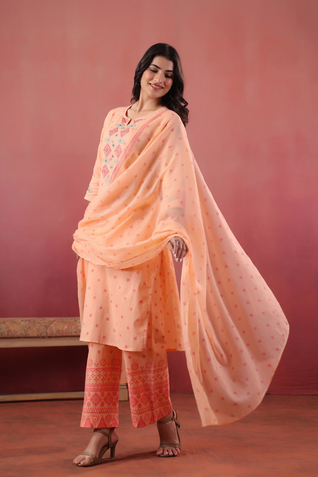 Peach Cotton Embroidered Designer Kurta Pant With Dupatta Set