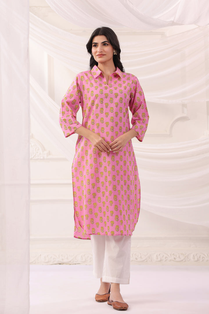 Pink Cotton Printed Designer Kurta