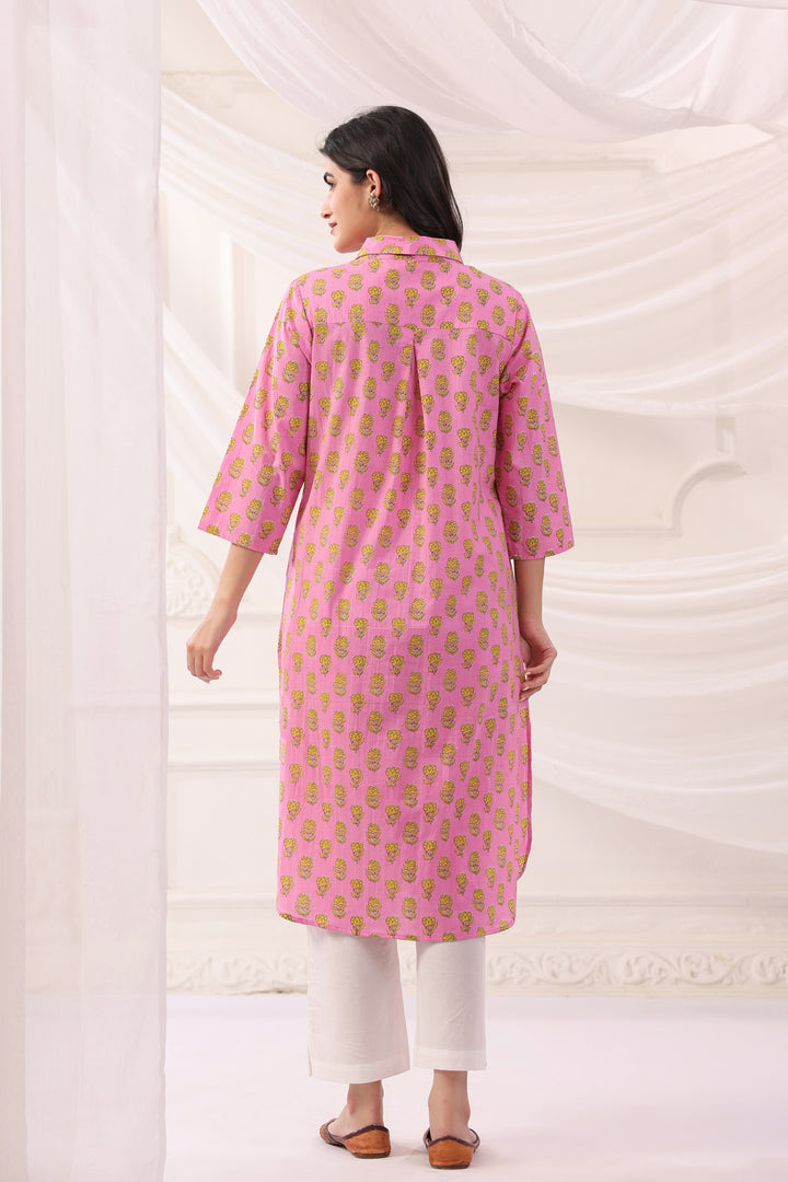 Pink Cotton Printed Designer Kurta