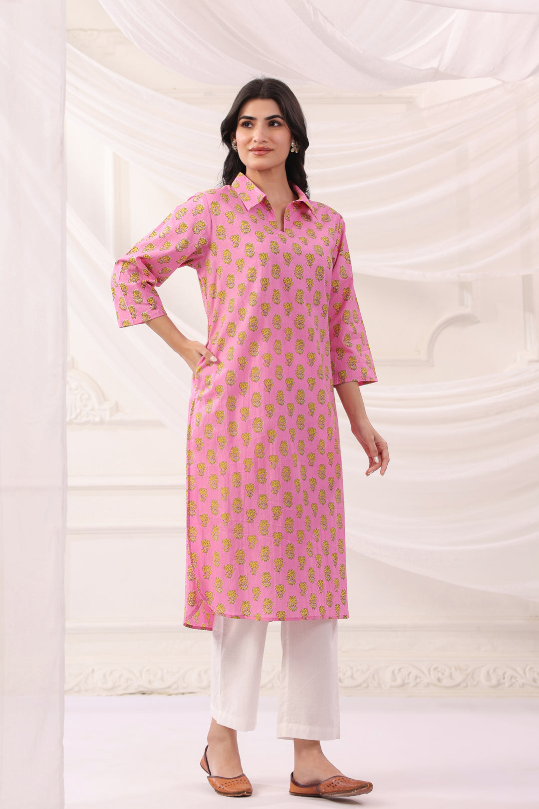 Pink Cotton Printed Designer Kurta