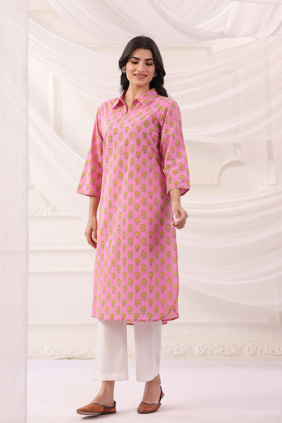 Pink Cotton Printed Designer Kurta