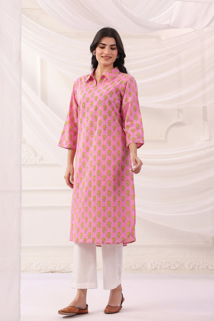 Pink Cotton Printed Designer Kurta