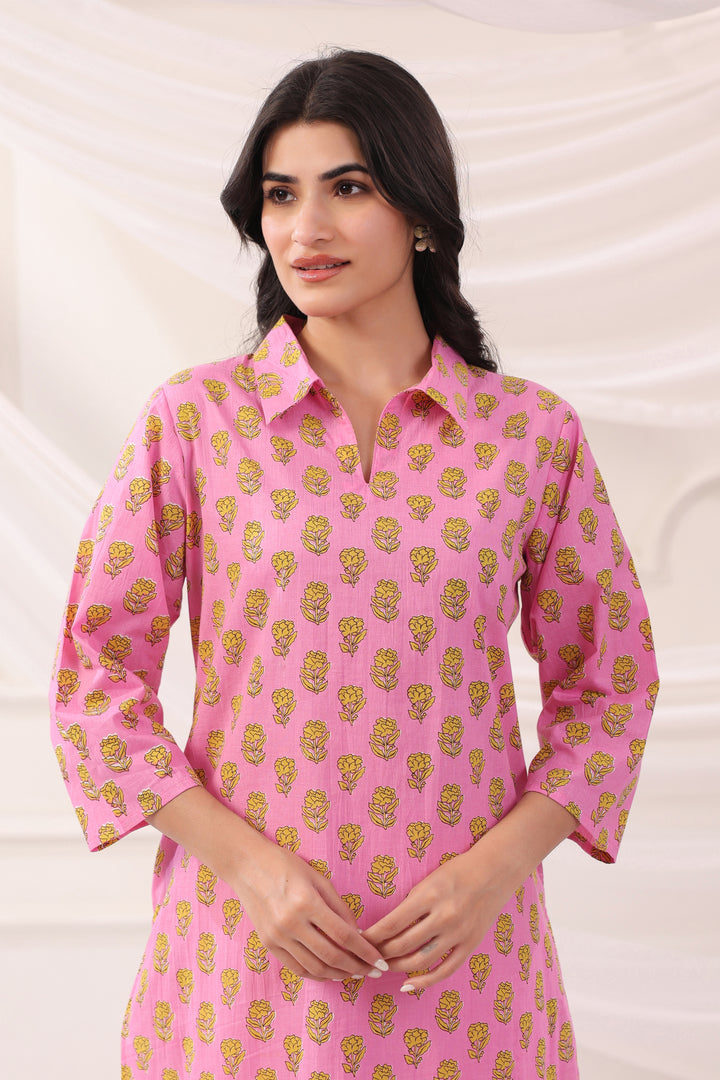Pink Cotton Printed Designer Kurta