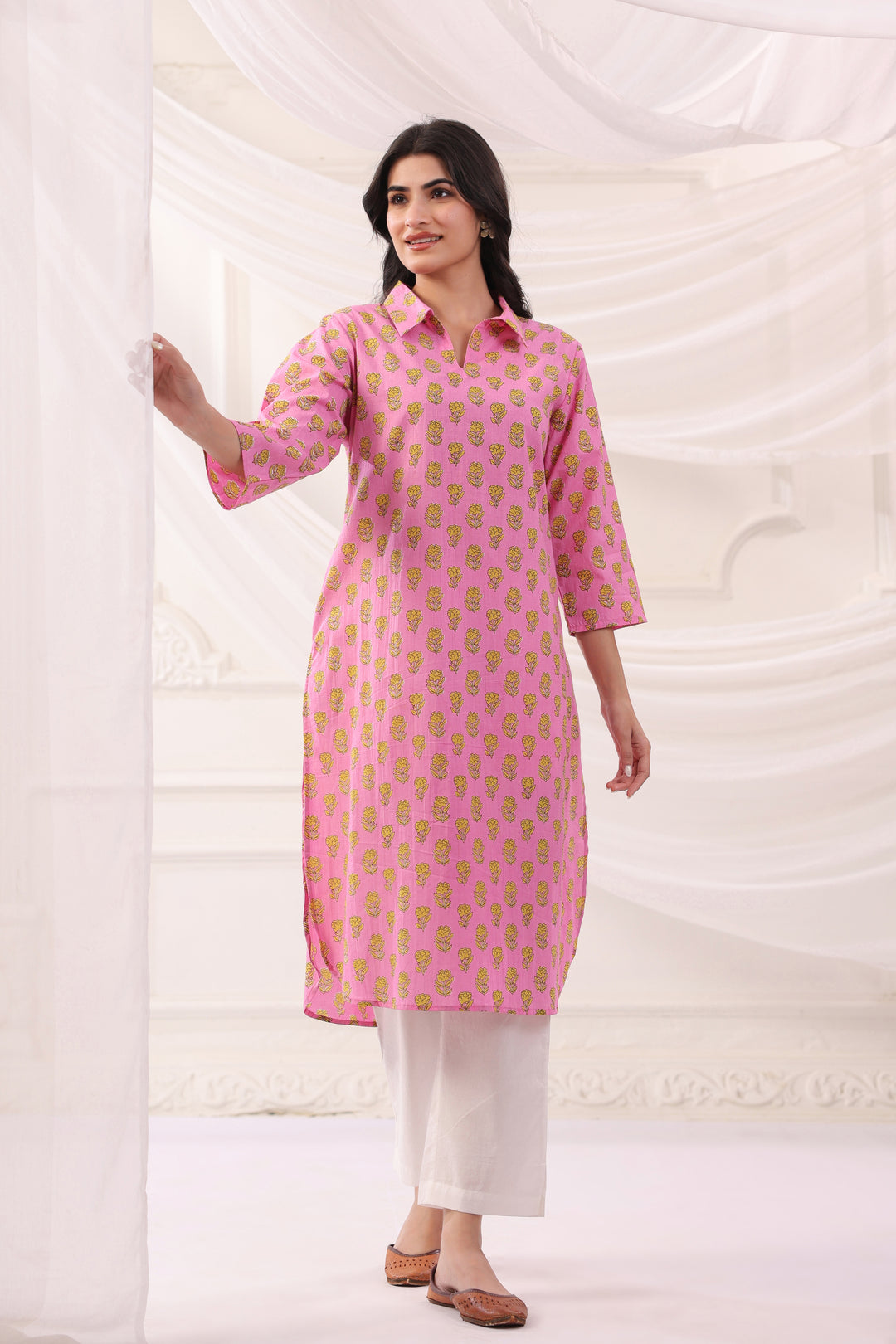 Pink Cotton Printed Designer Kurta