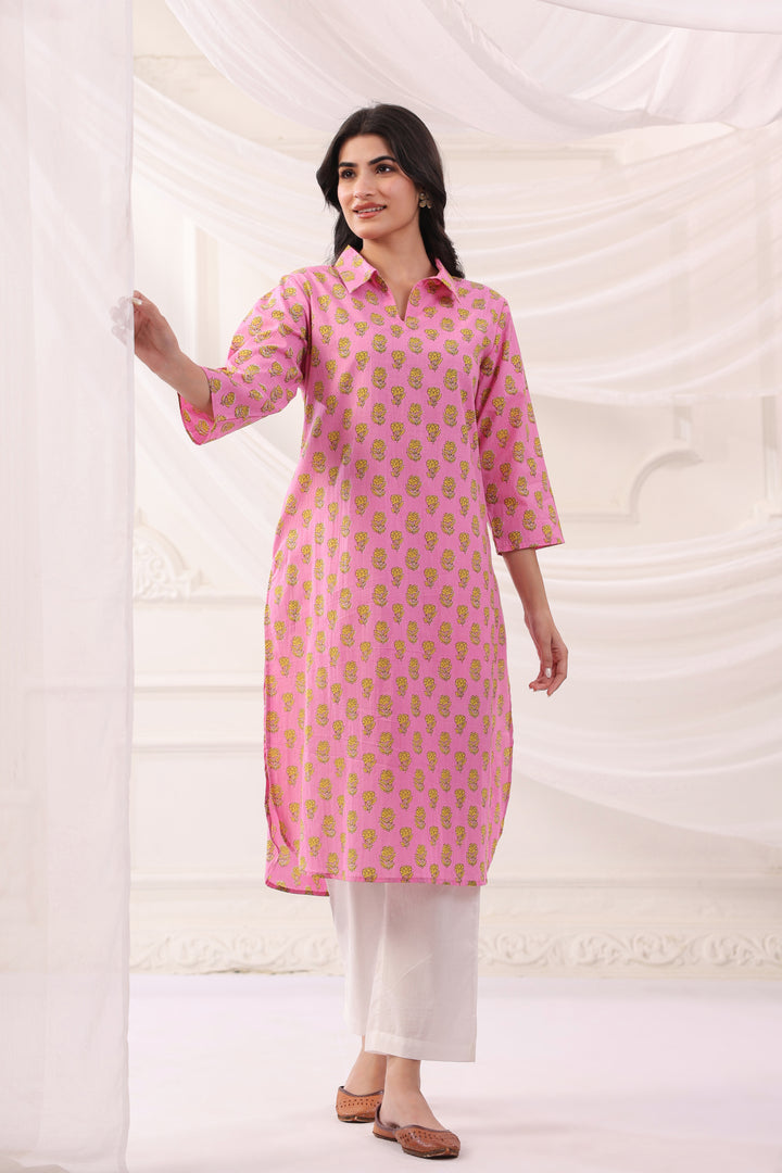 Pink Cotton Printed Designer Kurta