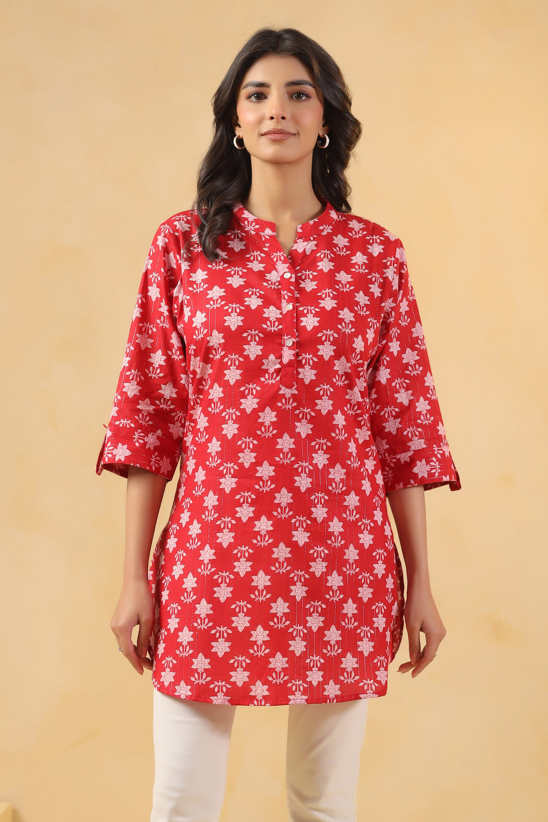 Red Cotton Printed Straight Top