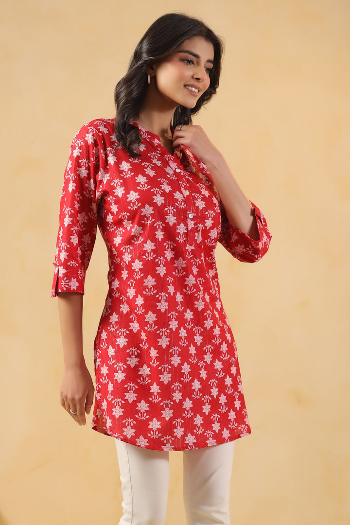 Red Cotton Printed Straight Top