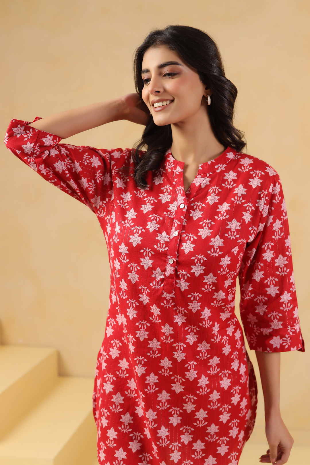 Red Cotton Printed Straight Top