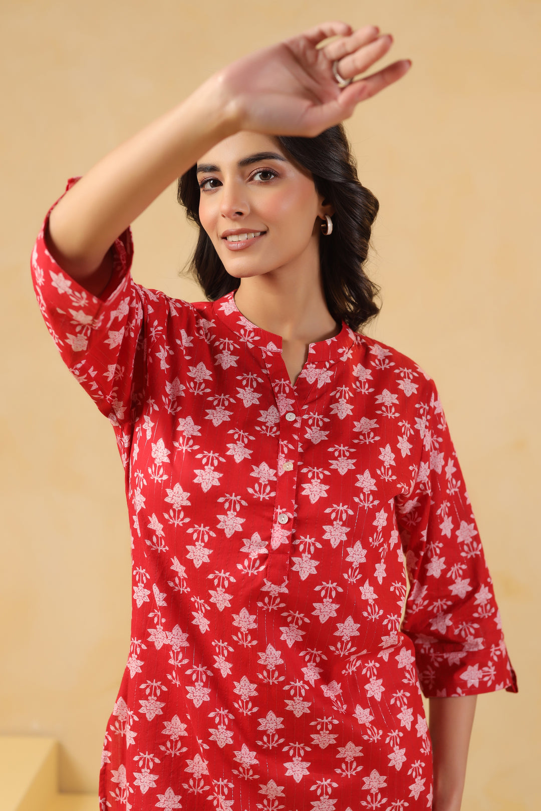 Red Cotton Printed Straight Top