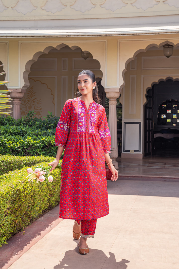 Red Cotton Printed Designer A-Line Kurta Pant Set