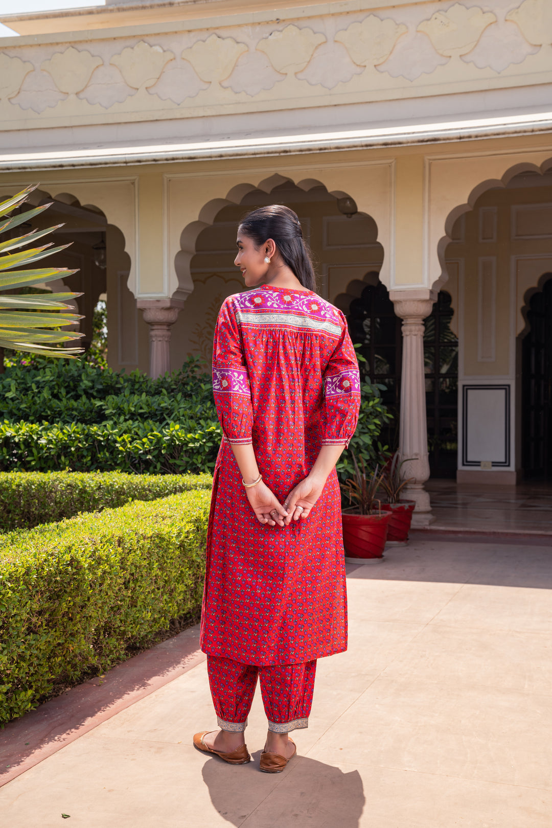 Red Cotton Printed Designer A-Line Kurta Pant Set