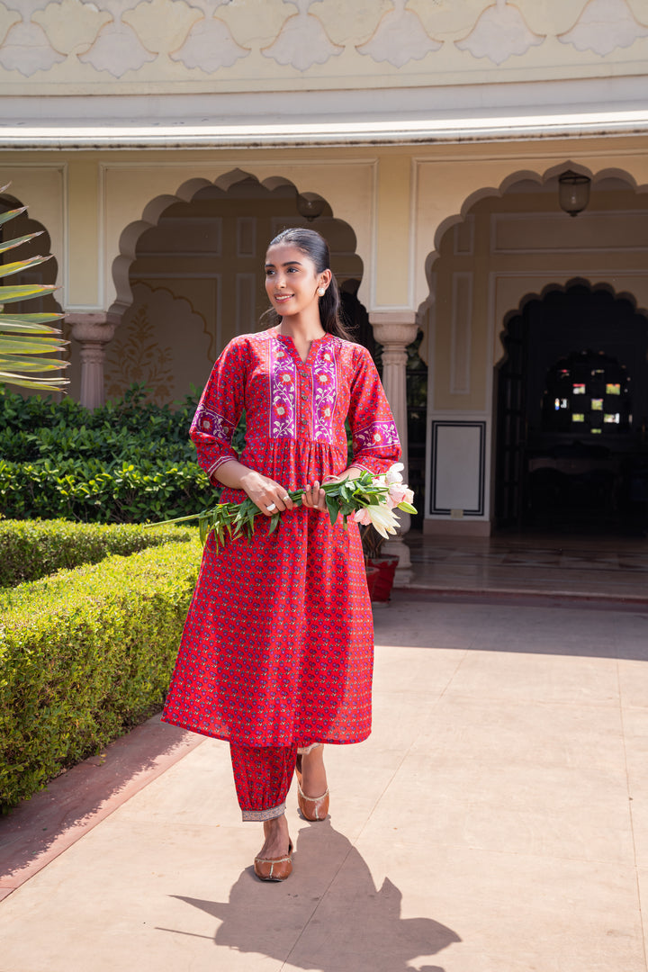 Red Cotton Printed Designer A-Line Kurta Pant Set