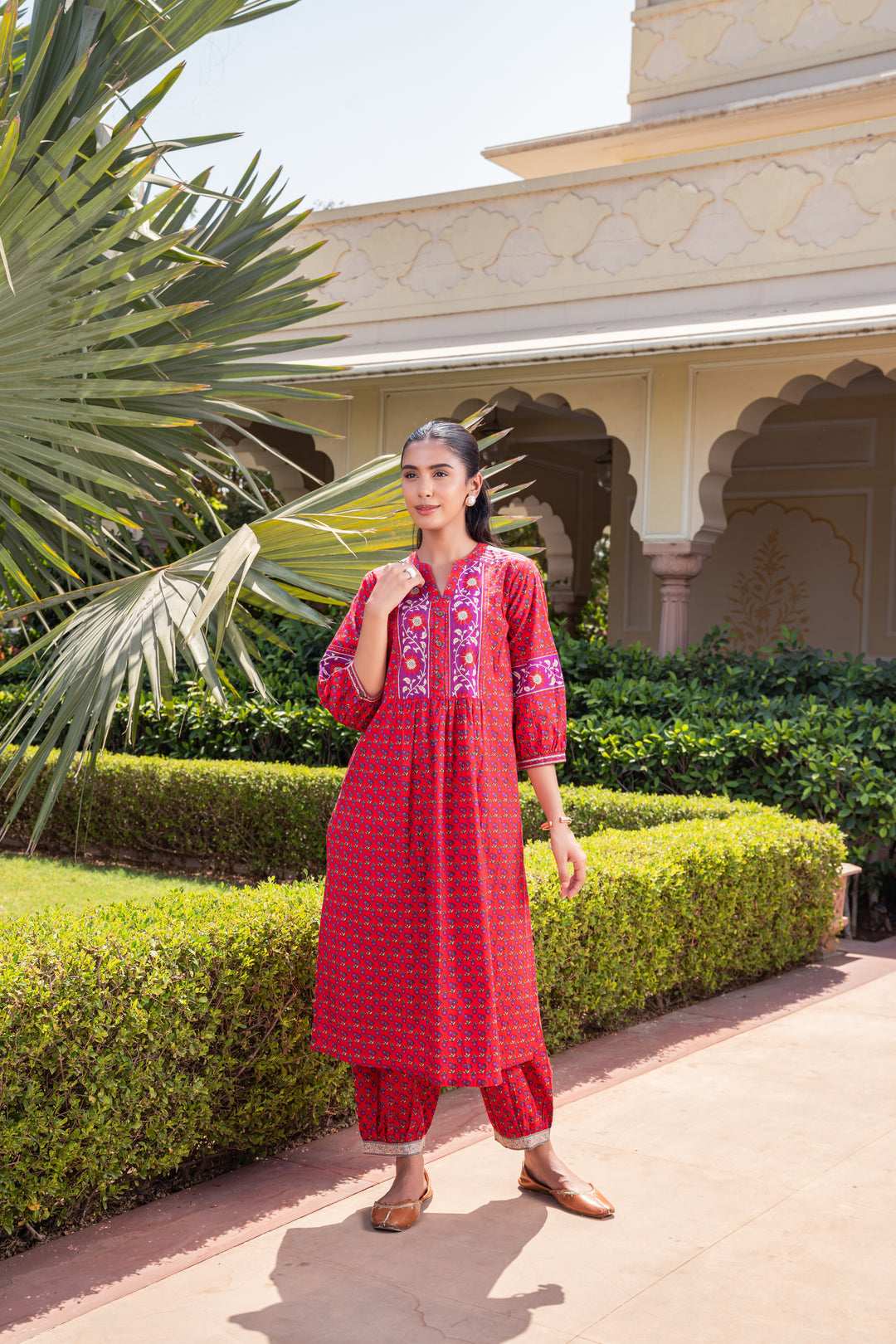 Red Cotton Printed Designer A-Line Kurta Pant Set