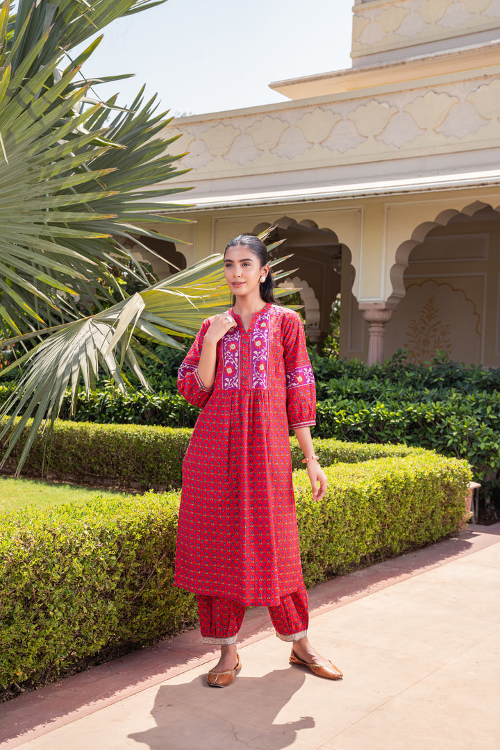 Red Cotton Printed Designer A-Line Kurta Pant Set