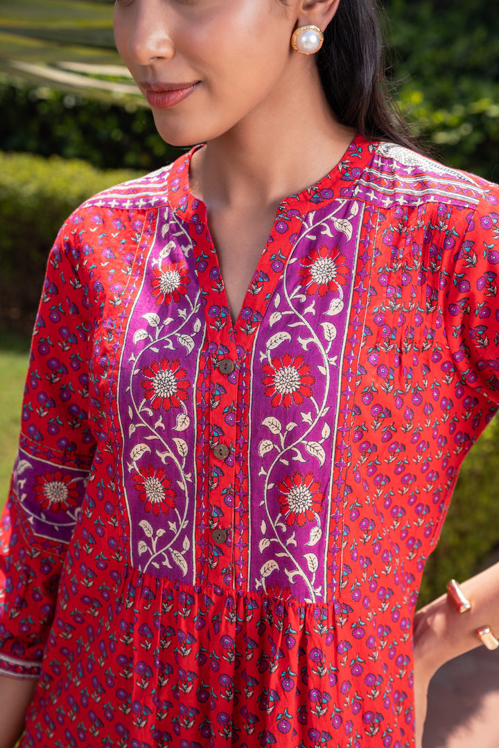 Red Cotton Printed Designer A-Line Kurta Pant Set